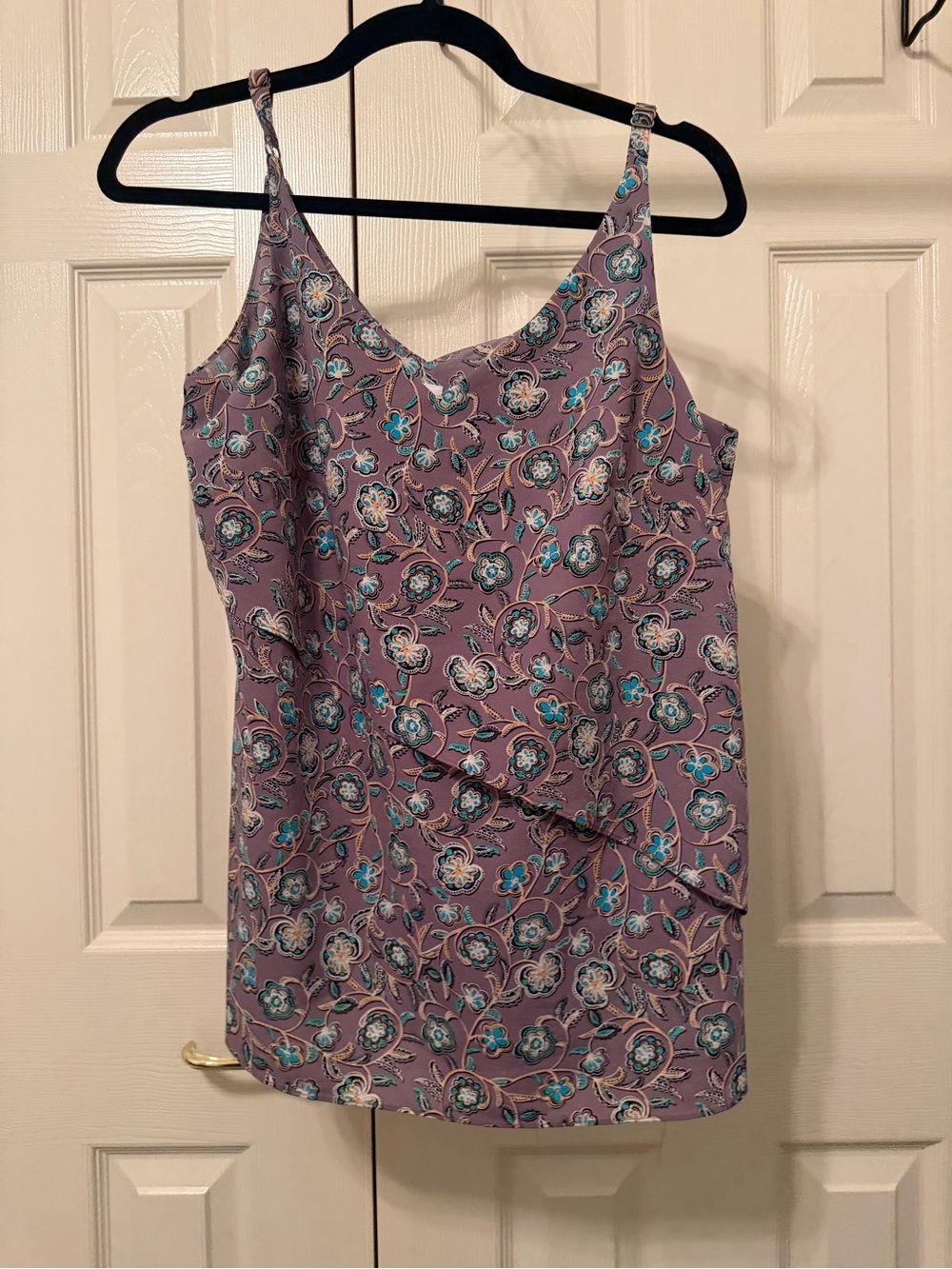 CAbi Lavender Floral Silk Cami with Teal Accents
